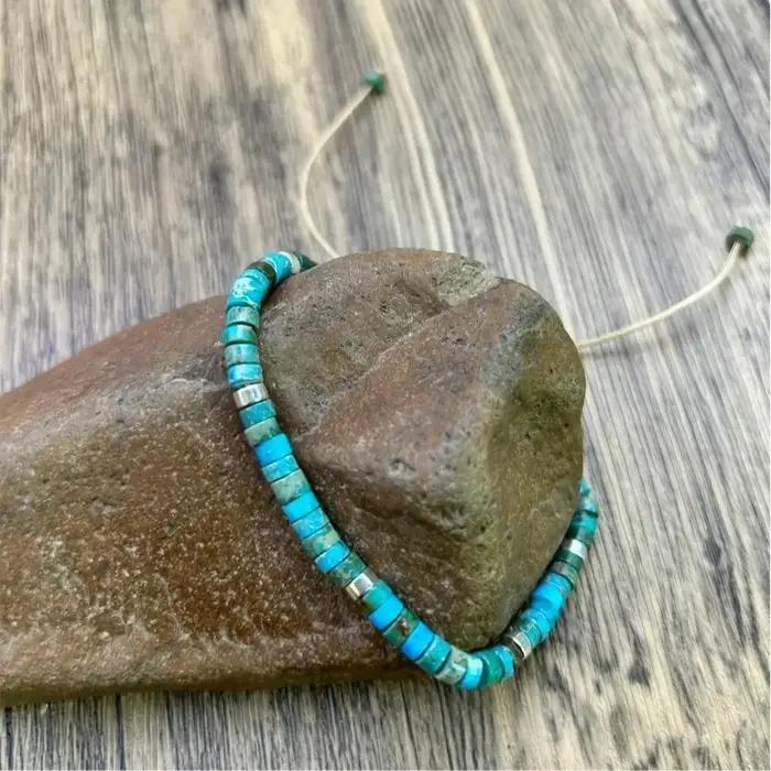 Bracelet réglable en perles turquoise naturelle | Pierre naturelle