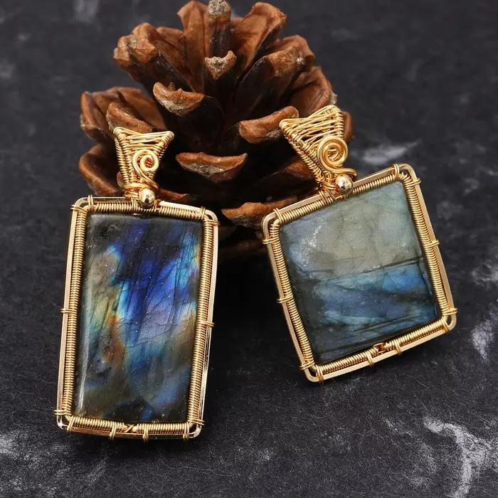Collier en Labrumen Naturel pour Femme, Baguette Carrée, Pendentif en Pierre Précieuse, Fil de Cuivre Enveloppé, Bijoux, Cadeau pour les Travailleurs