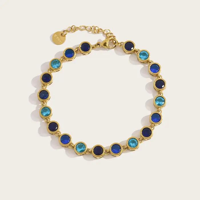 YACHAN Bracelet en cristal de zircon bleu de luxe pour femmes, chic, en acier inoxydable plaqué or 1