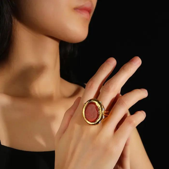 Bague en pierre précieuse Larimar corail rouge