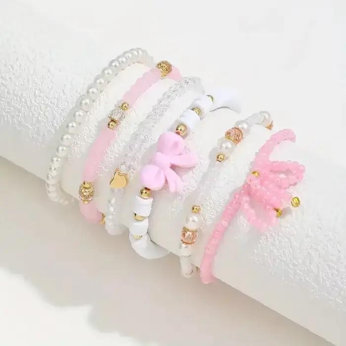 Bracelets à nœud papillon en perles roses Y2K