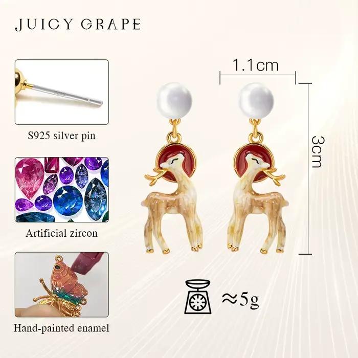 Juciy raisin 3D stéréoscopique Sika cerf boucles d'oreilles 925 argent aiguille à la main émail bijoux cerf boucles d'oreilles cadeau Unique