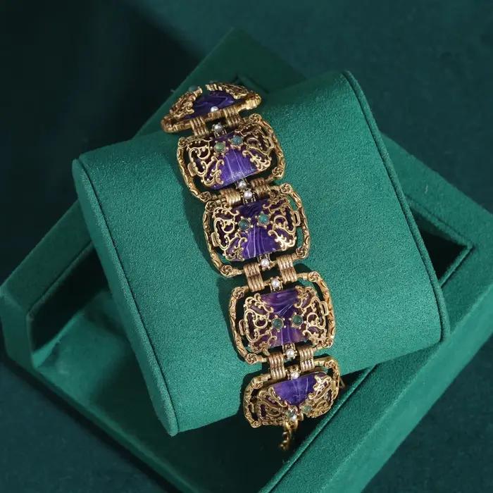 Bracelet vintage pour femme, bijoux antiques, violet, carré, verre doré, accessoires creux, breloque