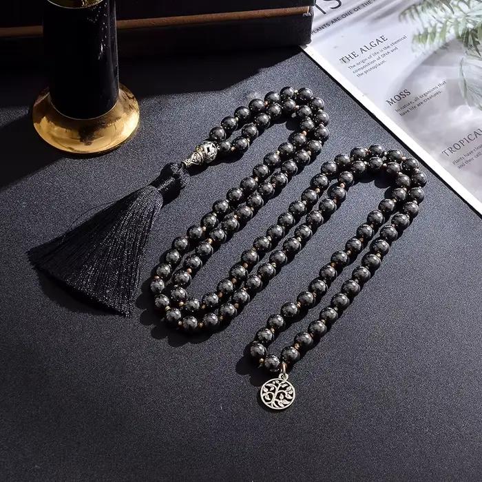 Collier noué en hématite noire de 8 mm, 108 perles, Mala de méditation, bijoux de bénédiction pour le yoga, pour hommes et femmes, Japamala, chapelet