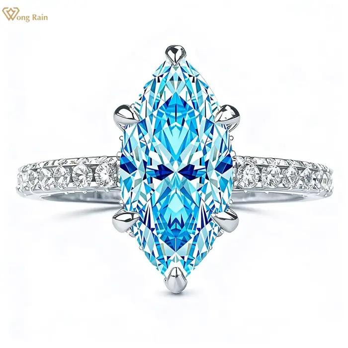 Wong Rain 925 argent Sterling Marquise coupe 6*12 MM aigue-marine haute teneur en carbone diamant gemmes bague de fiançailles pour les femmes bijoux fins
