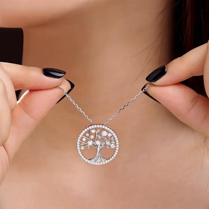 Collier pendentif Arbre de Vie en argent S925 plaqué or avec moissanite, design branches et feuilles, bijou cadeau pour femme 