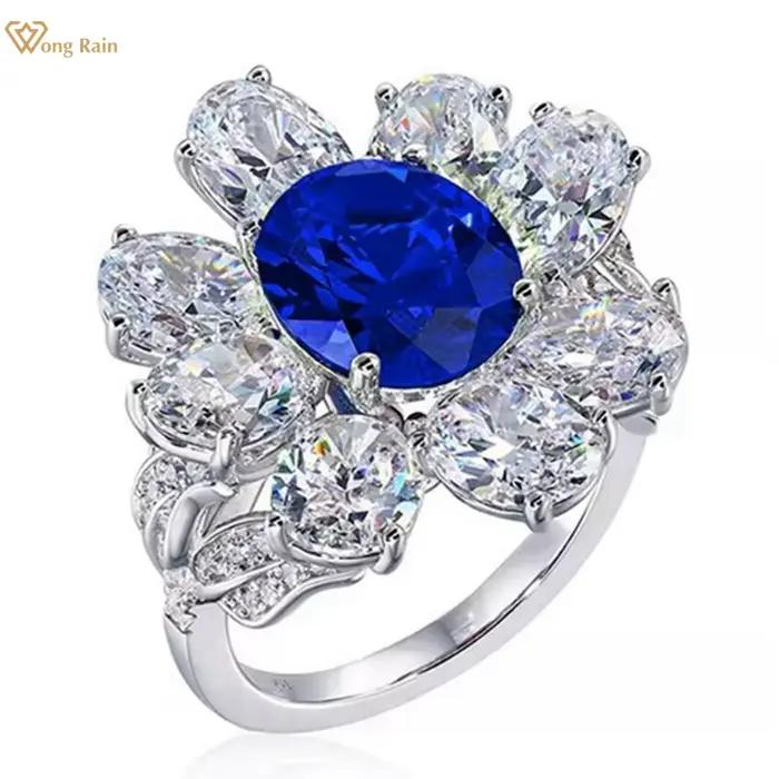Wong Rain – bague en argent Sterling 925 pour femmes, taille ovale, saphir, rubis, diamant à haute teneur en carbone, fleur, bijoux fins, cadeau d'anniversaire, 5CT