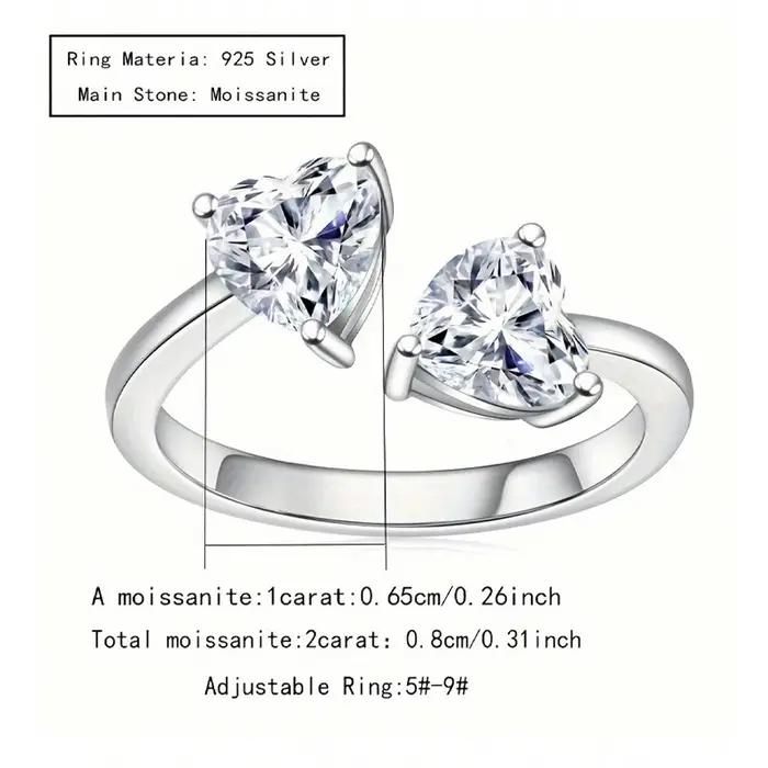 L'anneau réglable en moissanite en argent 925 en forme de cœur de 2 carats est à la mode et simple