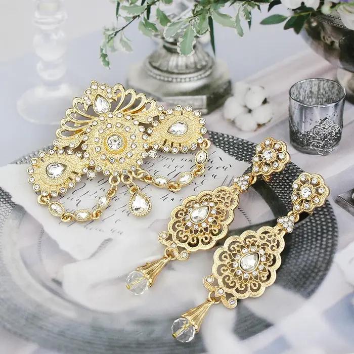 Algérie maroc Bijoux de mariage broche boucles d'oreilles ensembles pour femmes couleur or arabe turquie Abaya Caftan