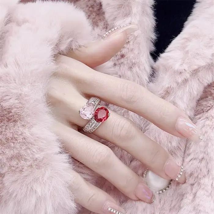 Bague de luxe en argent Sterling 925, Zircon scintillant, pierres précieuses roses, pour dames, bague réglable de fête, bijoux de réception, cadeau