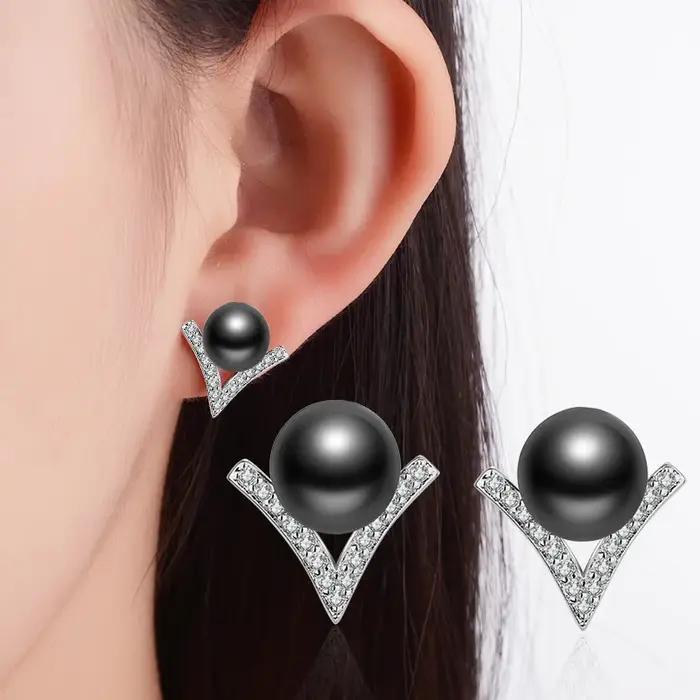 Boucles d'oreilles en argent sterling 925 avec perle noire pour femmes