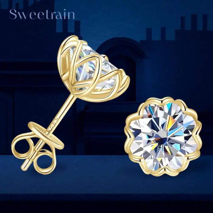 Sweetrain fleur 1CT 2CT Moissanite boucles d'oreilles pour femmes bijoux laboratoire diamant boucle d'oreille S925 argent plaqué or 18 carats Eear goujons