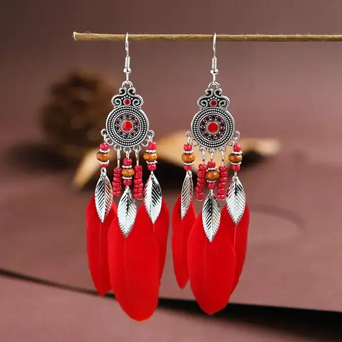 Boucles d'oreilles bohème ethniques en plumes pour femmes