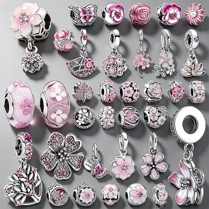 Breloque Fleur Rose en Argent 925 pour Bracelet