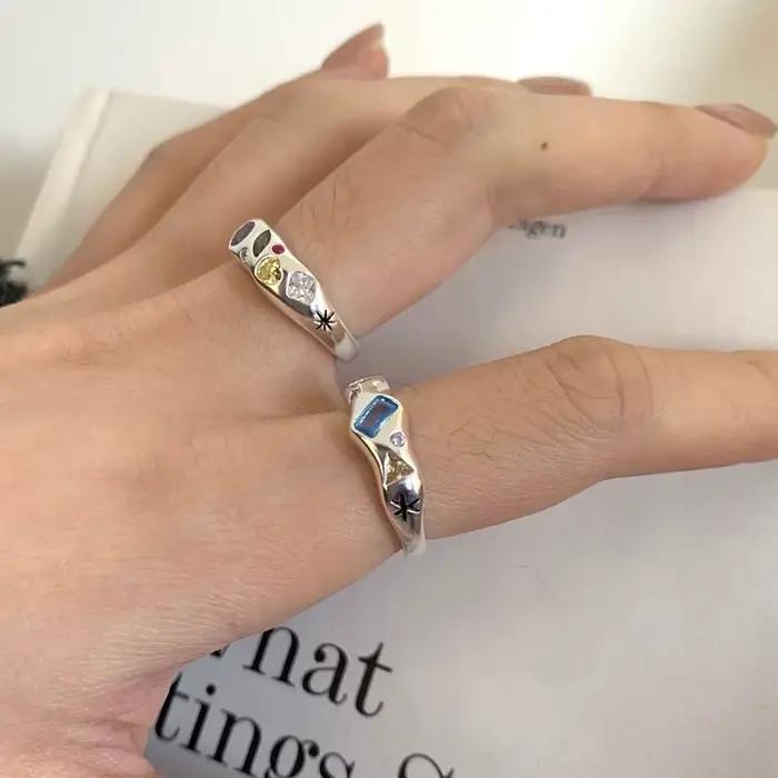 Kpop – bagues étoiles en Zircon coloré pour femmes, anneau métallique irrégulier, rétro, Index, bijoux esthétiques, accessoires Hip Hop pour filles