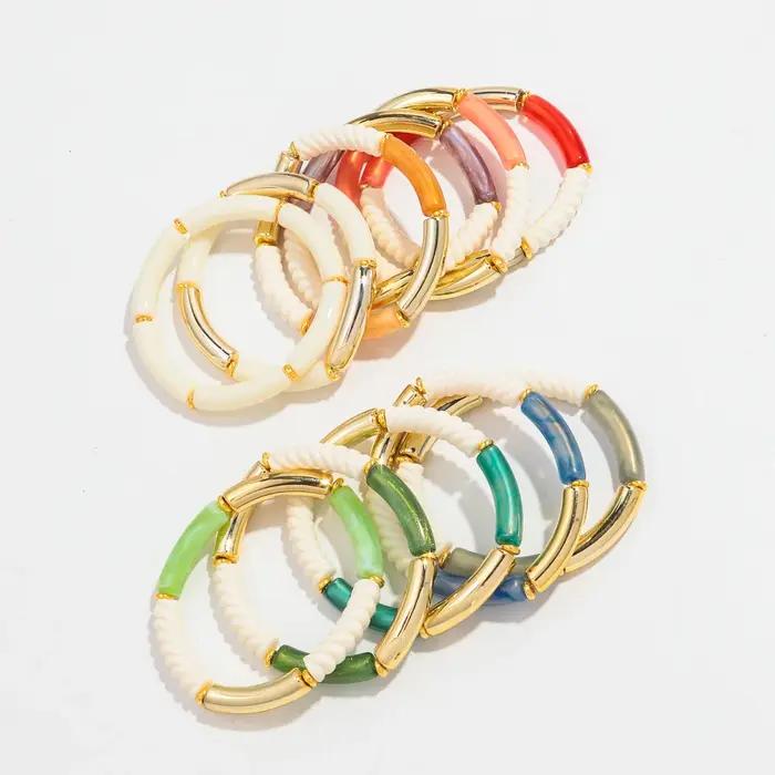 Bracelets à Main en Fil de Bambou Acrylique pour Femme Accessoire en Résine Empilable Tube Fin Perle Extensible Bijoux Cadeaux Occasions Spéciales