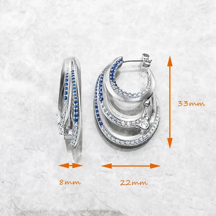Boucles d'oreilles créoles ondulées en argent sterling 925 avec pierres bleues et zircone blanche pour femmes, bijoux fin bohème à offrir pour occasions spéciales