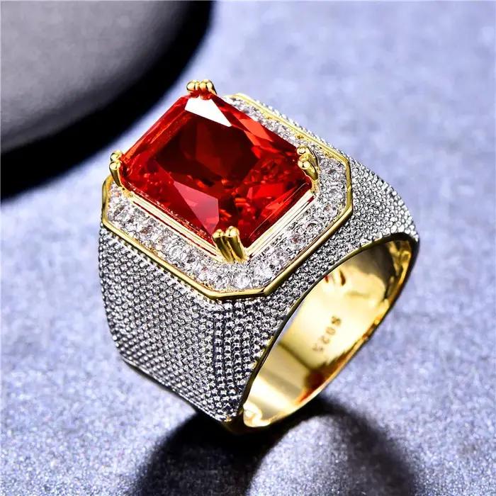 Magnifique grande bague en pierre de Zircon rouge pour hommes et femmes