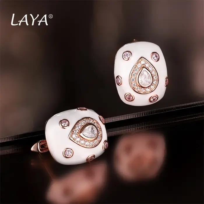 Laya-Boucles d'oreilles clip en émail bleu cristal synthétique pour femme