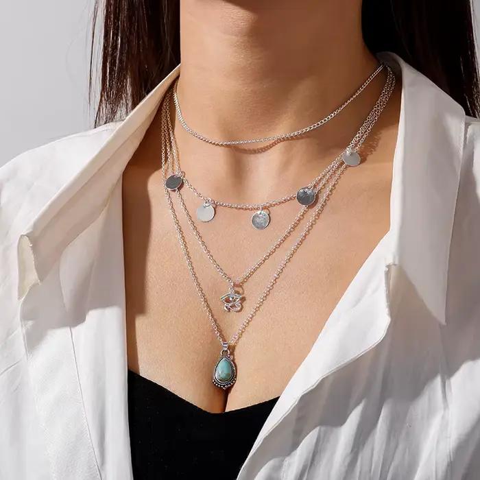 Collier Aihua bohème multicouche couleur argent avec pendentif œil pour femme, style vintage
