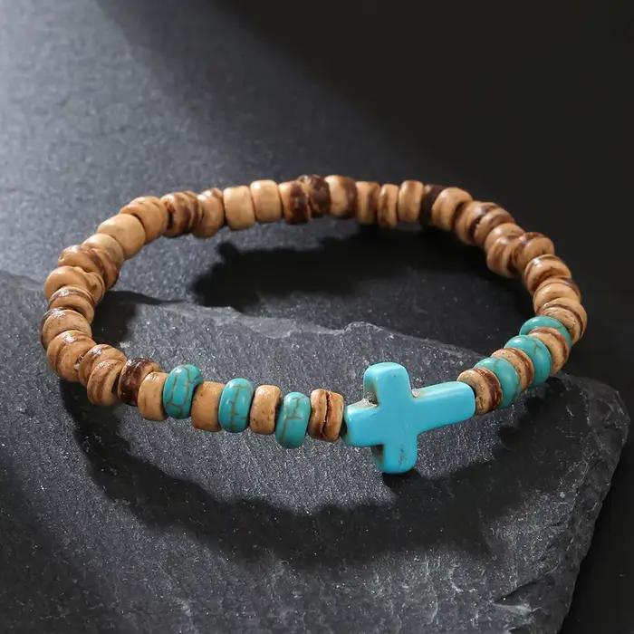 Bracelet bohème en coquille de noix de coco pour hommes, copeaux de bois, croix, rétro, fait à la main, bijoux en perles, accessoires de mode, cadeaux