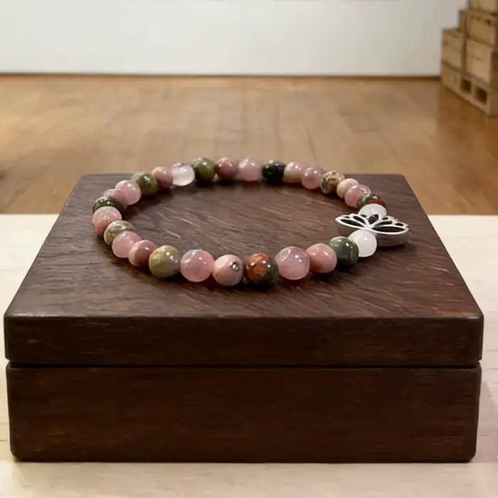 Bracelet Chakra pour femmes, quartz rose, cristal de quartz rose, pierre naturelle, bijoux de guérison avec charme de lotus, cadeau pour femmes