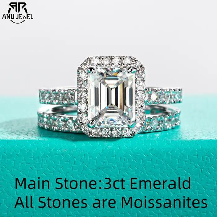 3ct émeraude coupe D couleur Moissanite Halo bague de mariée ensemble Vintage alliance bagues en argent avec Cer bijoux