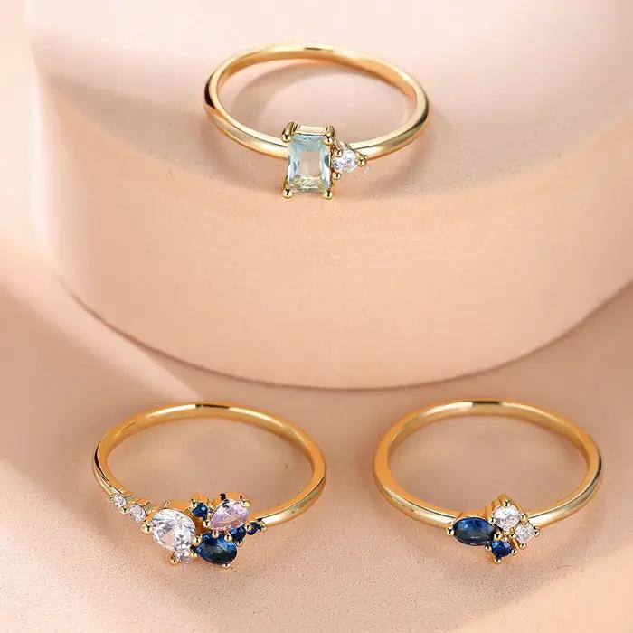 Ensemble de bagues triples de luxe en Zircon bleu Royal