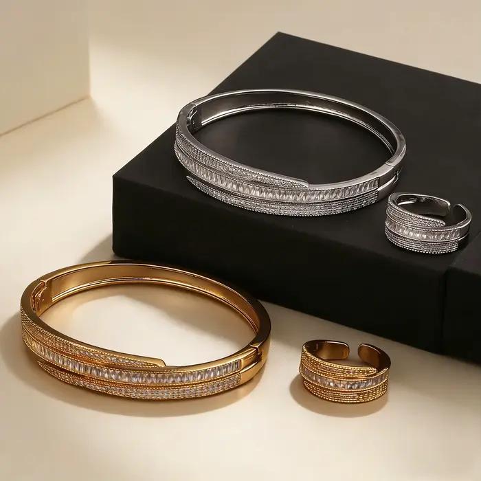 Ensemble de bracelets et bagues pour femmes, bracelet manchette irrégulier, bracelet large et épais réglable avec boucle pour femmes