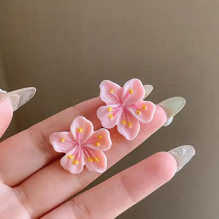 Boucle d'oreille en résine rose sans fleurs pour femme, clou de fleur de Sakura, accessoire de bijoux doux et mignon, cadeau de mariage pour fille, géométrie