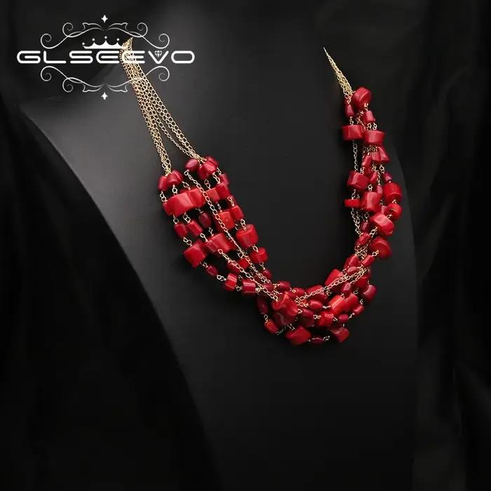 GLSEEVO – collier multicouches en corail rouge pour femmes