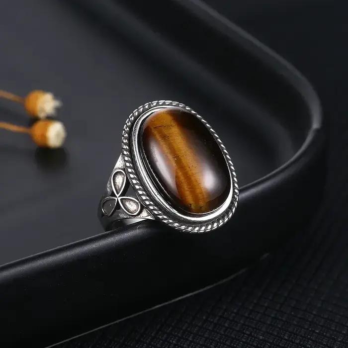Bague Ovale en Œil de Tigre Naturel Grande Taille Bijoux Vintage Pour Femmes Hommes Occasions Spéciales Anniversaire Fiançailles Mariage Partie Fête Cadeau