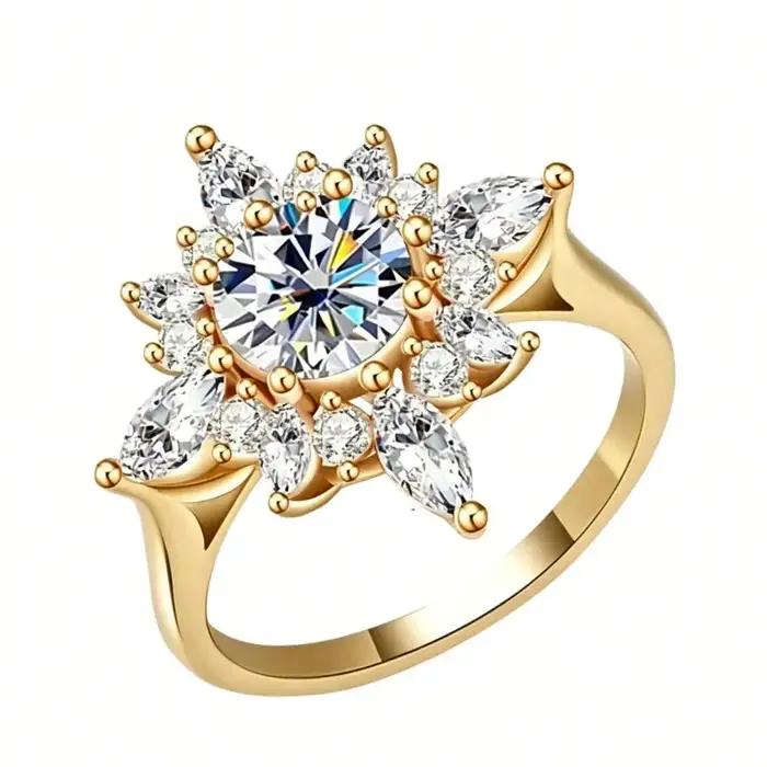Bague Cocktail Halo Soleil en Argent 925 Couleur Or Rose, Moissanite Multicolore Taille Ronde D VVS1