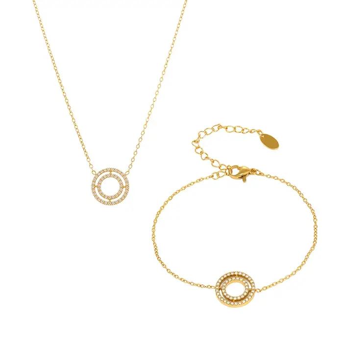 Collier et Bracelet exquis pour femmes, cercle rond en Zircon, acier inoxydable plaqué or, chaîne étanche, breloque, bijoux de luxe, cadeau
