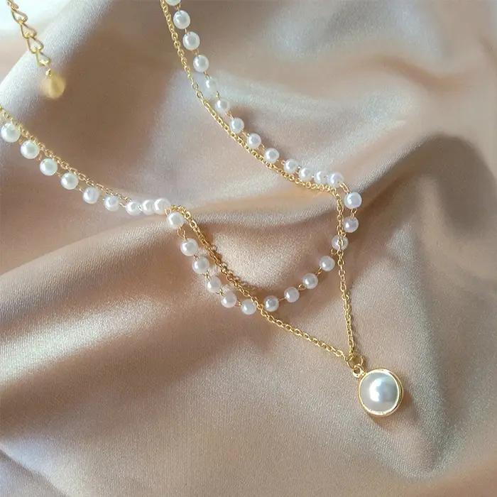 Ensemble de colliers de perles pour femmes, en or 14K, pendentif en forme de cœur, tracker d'humeur, pour occasions spéciales et tenues de soirée