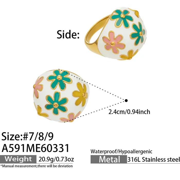 Bague en acier inoxydable 316L sertie de zirconium blanc et ornée de fleurs en nacre émaillée pour femmes occassions spéciales et style vendange