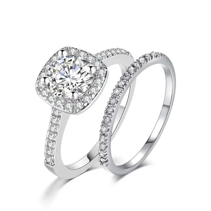 Ensemble de bagues de fiançailles de mariage pour femmes, couleur argent, carré, Zircon AAA, bijoux