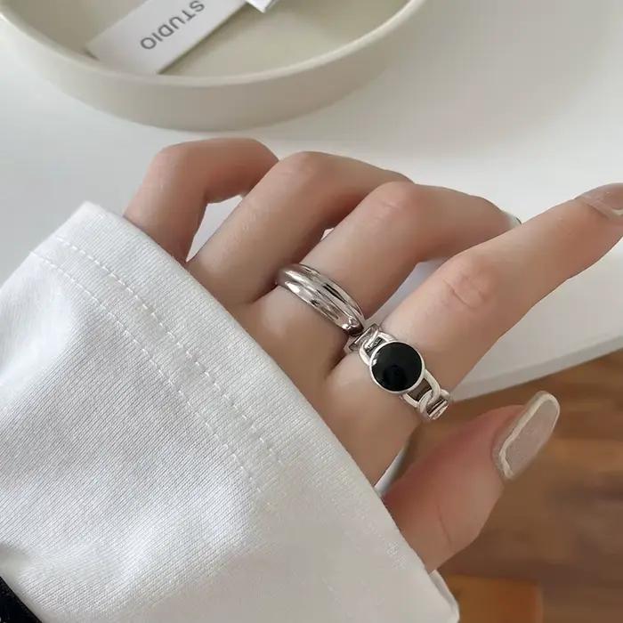 Bague géométrique ronde rétro couleur argent véritable pour femmes