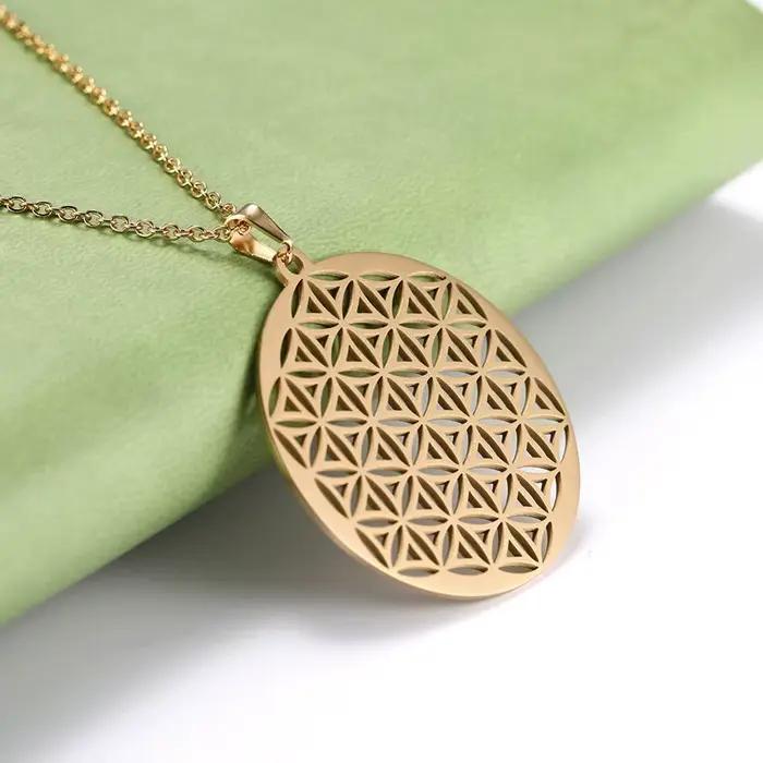Collier Fleur de Vie Mandala Runes en Acier Inoxydable pour Femmes Occasions Spéciales Géométrie Sacrée Plantes