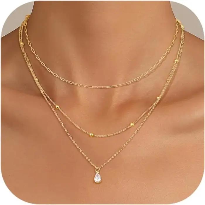 Collier en or à Triple couche pour femmes, imperméable, plaqué or 14 carats, en acier inoxydable, en