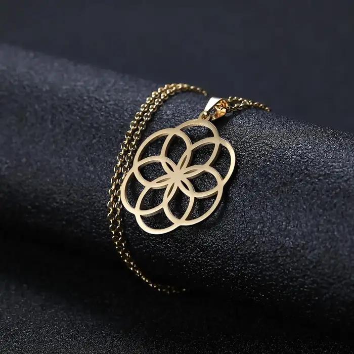 Collier Fleur de Vie Mandala Runes en Acier Inoxydable pour Femmes Occasions Spéciales Géométrie Sacrée Plantes