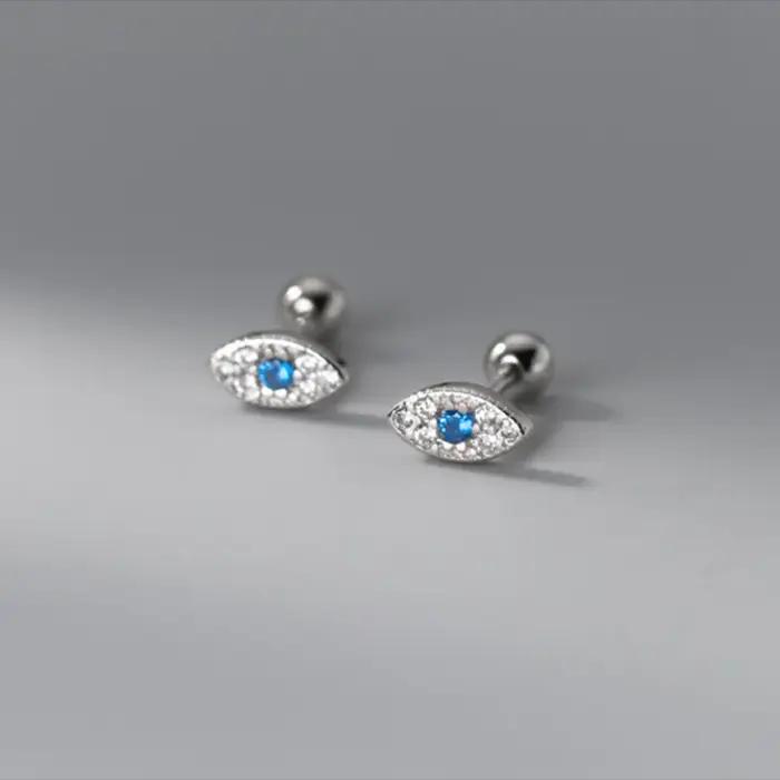 WANTME 925 en argent Sterling mode bleu Zircon oeil du diable vis perles boucles d'oreilles pour les femmes Simple mauvais œil Piercing bijoux