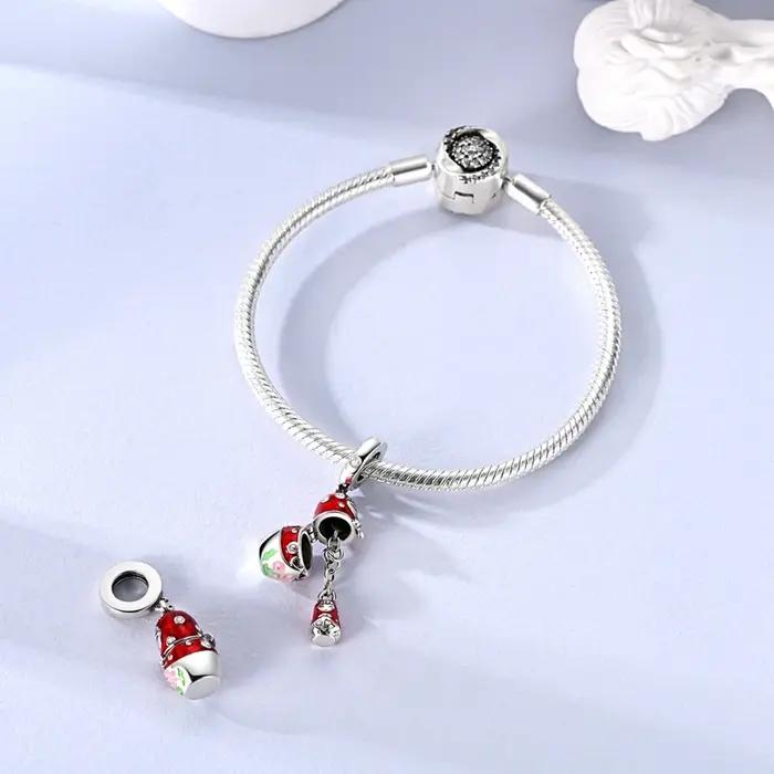 Pendentif Breloques Bijoux 925 Argent Rouge à Pois Poupée Charmes Fleurs Zirconium Blanc Occasions Spéciales Femme