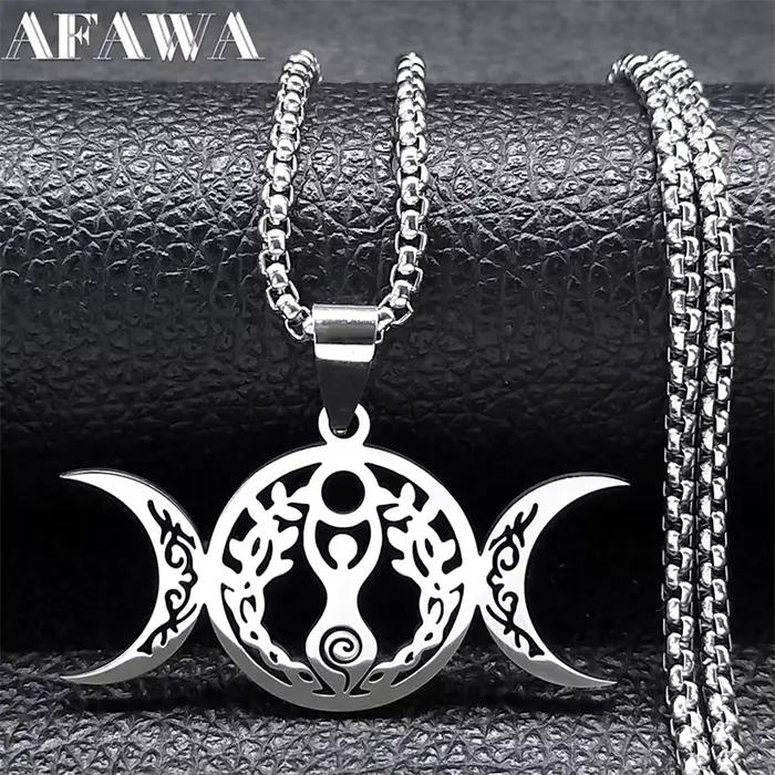 Sorcière Triple lune déesse Luna collier pour femmes hommes acier inoxydable couleur argent amulette Hecate chaîne