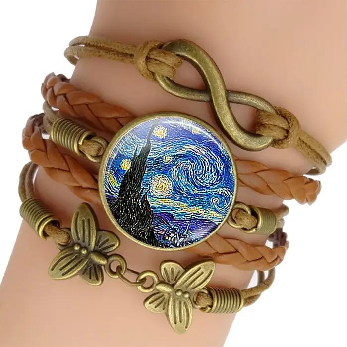 Bracelet Van Gogh en cuir marron pour hommes et femmes, bijoux d'art de nuit étoilée, cabochon en ve