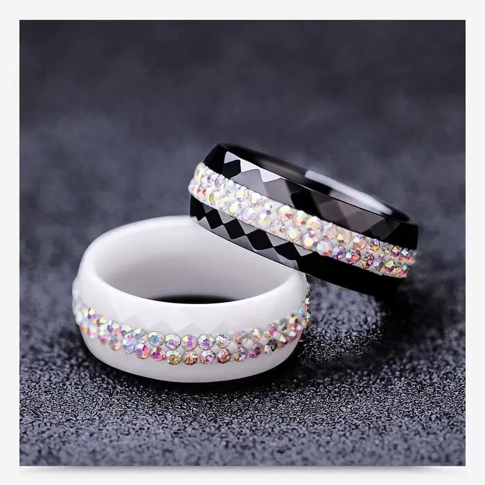 Bague de fiançailles/mariage en céramique noire et blanche avec cristal AB élégante pour femmes occasions d'engagement et mariages