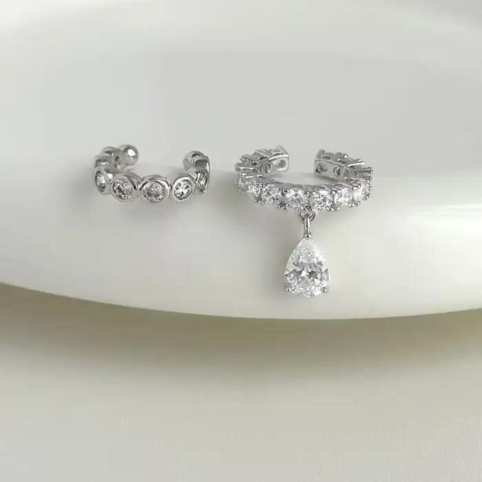 Boucles d'oreilles à Clip en perles de zircone pour femmes, couleur argent, manchette d'oreille géom