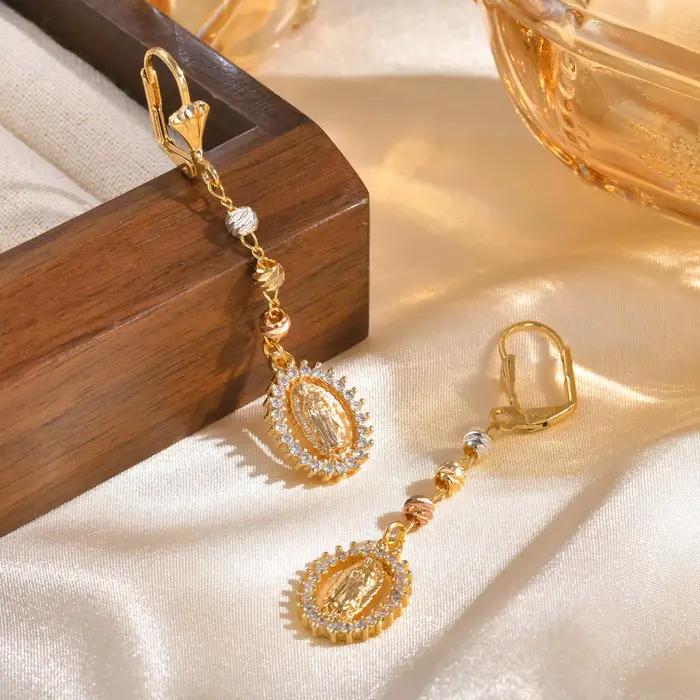Boucles d'oreilles pendantes vintage religieuses de la vierge marie pour femmes, boucles d'oreilles longues en zircon plaqué or 14 carats, bijoux de prière hypoallergéniques