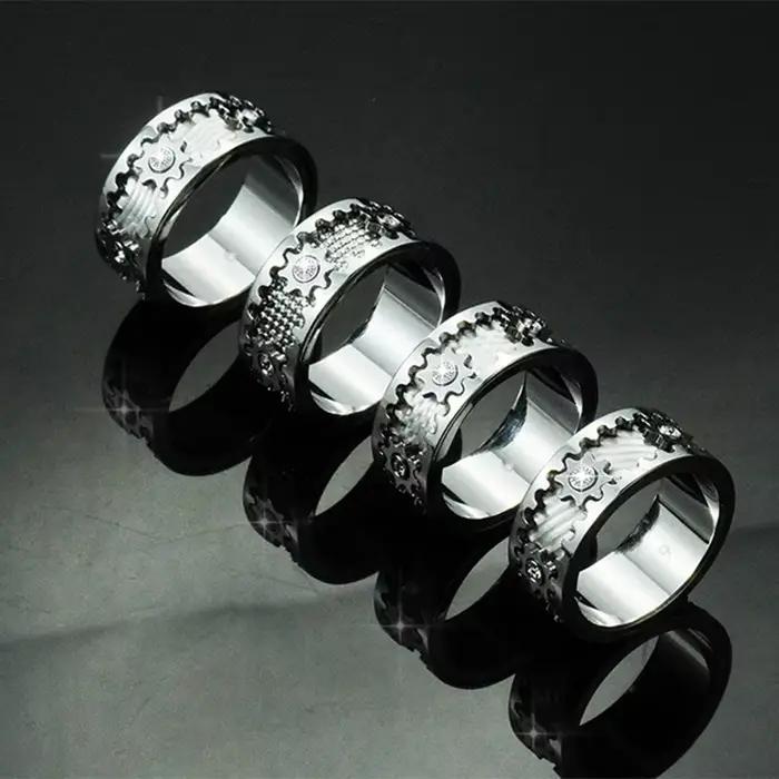 Bague d'engrenage résine incrustée de zirconium bague de cocktail double couche rotative pour hommes et femmes bijou original pour occasions festives
