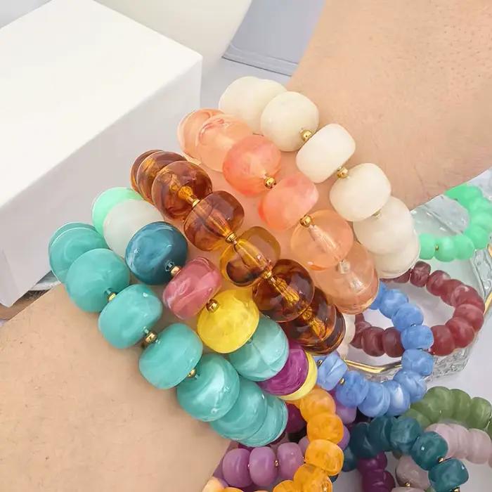 Bracelet élastique rond en résine pour femme, couleur or, perles baril PVD, grand acier inoxydable, étanche, fait main, DIY, bleu beige